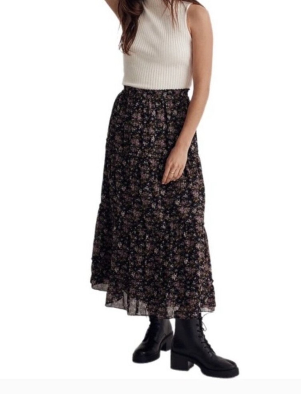 Madewell Crinkle Georgette Tiered Maxi Skirt In Blurred Blooms, size M